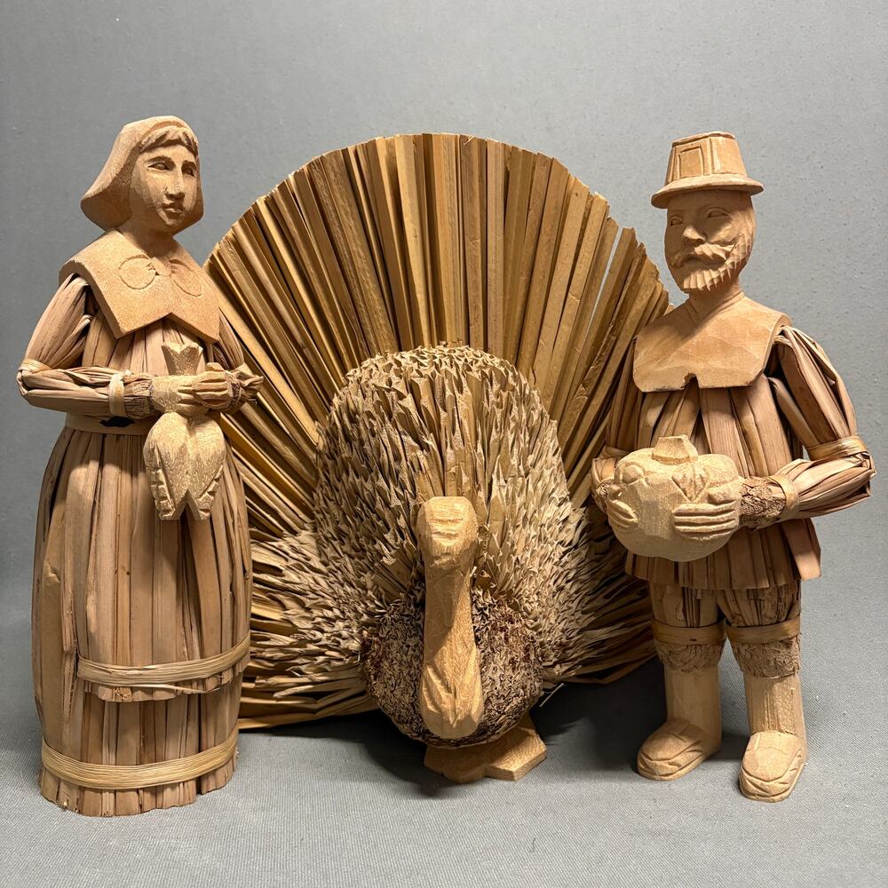 Handcrafted Man Woman Turkey Figurines‎ Thanksgiving Decor Straw Wood Corn Husks